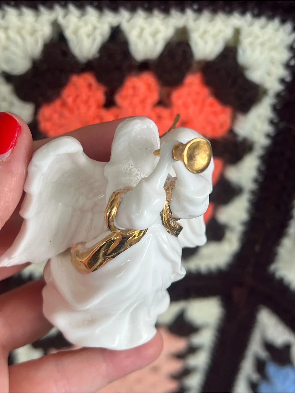 Vintage White Angel Bell Figurine Gold Trim Christmas Ornament Hanging Decor